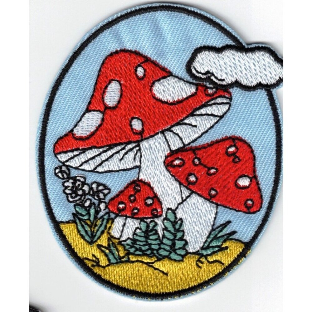 Mushroom Cute Cloud Nature  3in Embroidered Iron-on Patch Applique Psychedelic